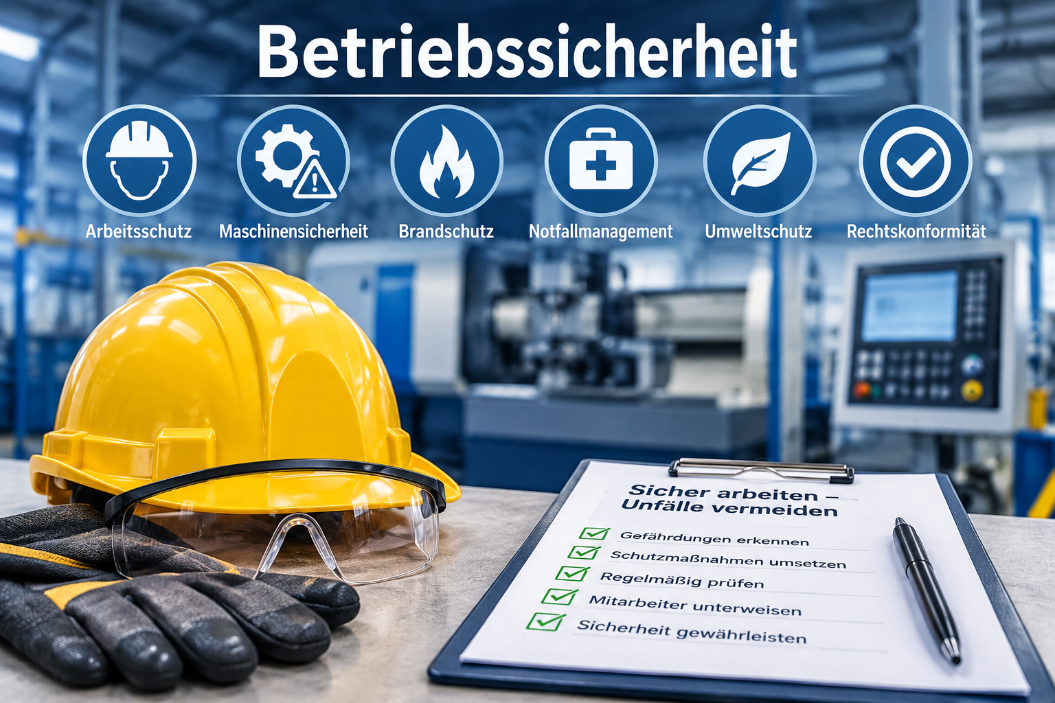 Infografik „Betriebssicherheit“ mit Schutzhelm, Schutzbrille, Arbeitshandschuhen und Prüf-Checkliste vor einer Werkzeugmaschine
