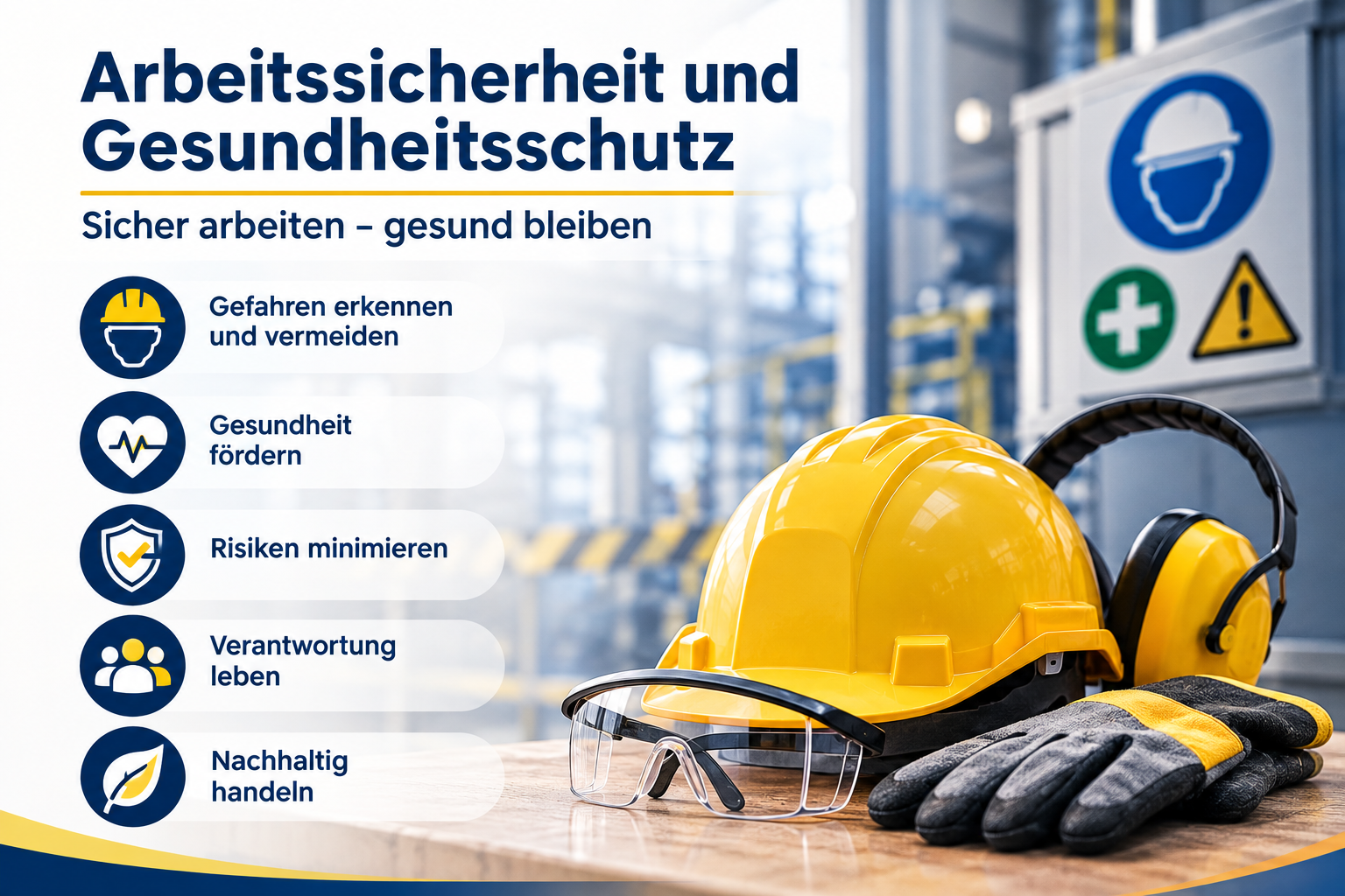 Infografik „Arbeitssicherheit und Gesundheitsschutz“ mit Schutzhelm, Schutzbrille, Gehörschutz und Arbeitshandschuhen