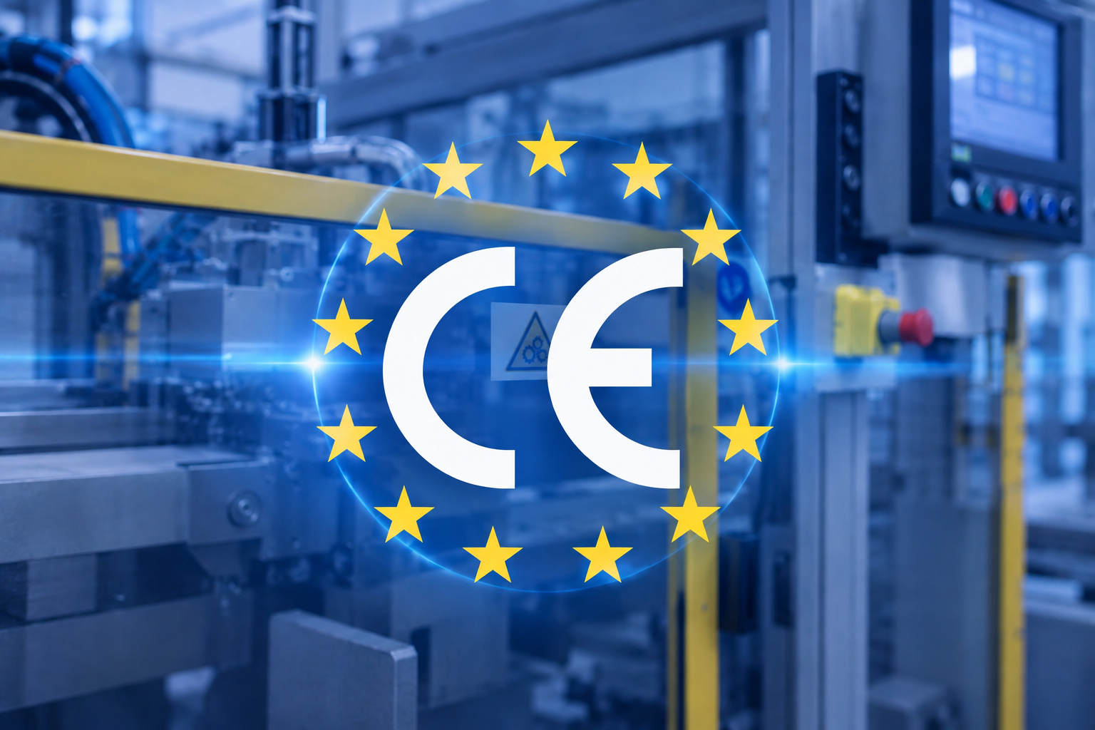 CE-Kennzeichnung im EU-Sternenkranz vor einer Industrieanlage — Symbolbild für die CE-Konformitätsbewertung